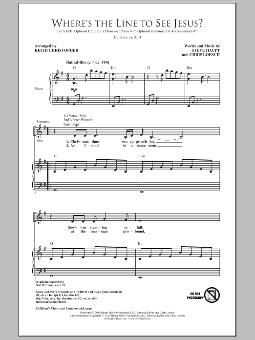 Learn to play Keith Christopher Where's The Line To See Jesus? sheet music for SATB Choir in minutes. Price: 3.9900$ Keith Christopher Where's The Line To See Jesus? sheet music notes and chords arranged for SATB Choir