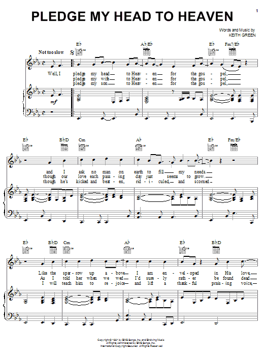 Learn to play Keith Green Pledge My Head To Heaven sheet music for Piano, Vocal & Guitar (Right-Hand Melody) in minutes. Keith Green Pledge My Head To Heaven sheet music notes and chords