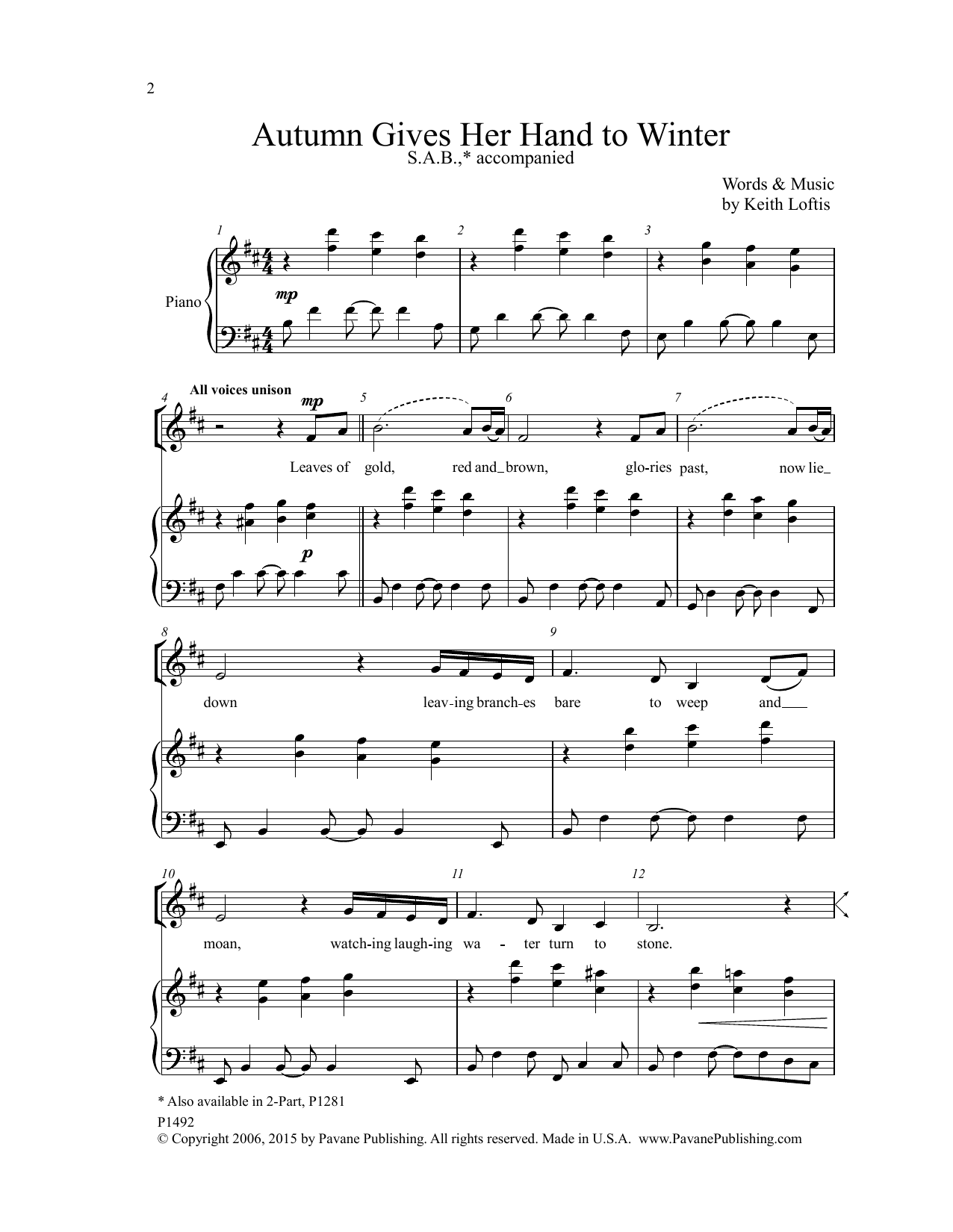 Learn to play Keith Loftis Autumn Gives Her Hand To Winter sheet music for SSA Choir in minutes. Price: 3.9900$ Keith Loftis Autumn Gives Her Hand To Winter sheet music notes and chords arranged for SSA Choir