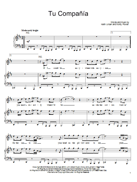 Keith Urban Tu Compania sheet music notes and chords. Download Printable PDF.