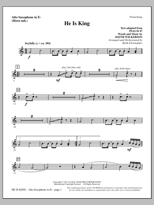 Learn to play Keith Wilkerson He Is King - Alto Sax (sub. Horn) sheet music for Choir Instrumental Pak in minutes. Price: 8.9900$ Keith Wilkerson He Is King - Alto Sax (sub. Horn) sheet music notes and chords arranged for Choir Instrumental Pak