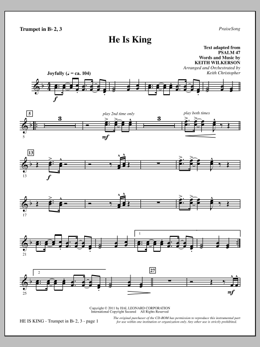 Learn to play Keith Wilkerson He Is King - Bb Trumpet 2,3 sheet music for Choir Instrumental Pak in minutes. Price: 8.9900$ Keith Wilkerson He Is King - Bb Trumpet 2,3 sheet music notes and chords arranged for Choir Instrumental Pak