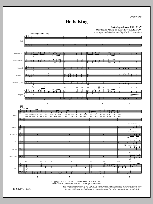 Learn to play Keith Wilkerson He Is King - Full Score sheet music for Choir Instrumental Pak in minutes. Price: 8.9900$ Keith Wilkerson He Is King - Full Score sheet music notes and chords arranged for Choir Instrumental Pak