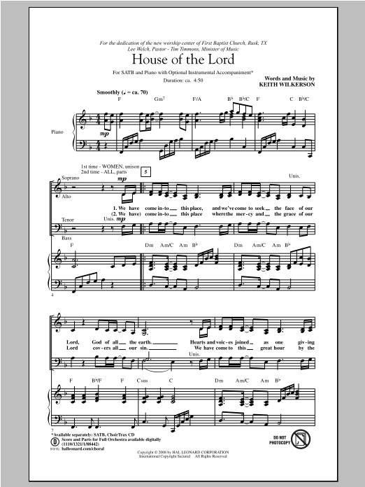Learn to play Keith Wilkerson House Of The Lord sheet music for SATB Choir in minutes. Price: 3.9900$ Keith Wilkerson House Of The Lord sheet music notes and chords arranged for SATB Choir