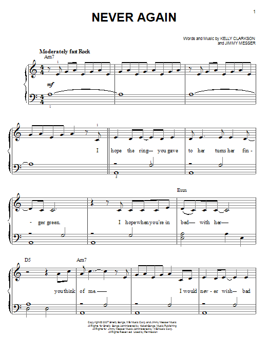 Kelly Clarkson Never Again sheet music notes and chords. Download Printable PDF.