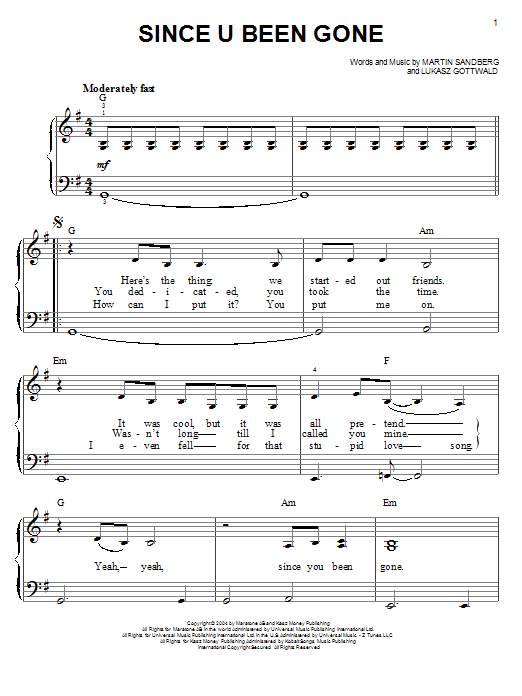 Kelly Clarkson Since U Been Gone sheet music notes and chords. Download Printable PDF.