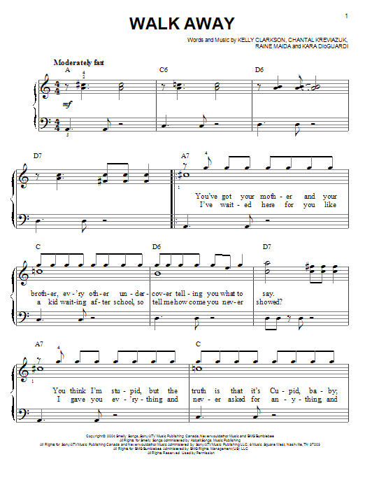 Kelly Clarkson Walk Away sheet music notes and chords. Download Printable PDF.