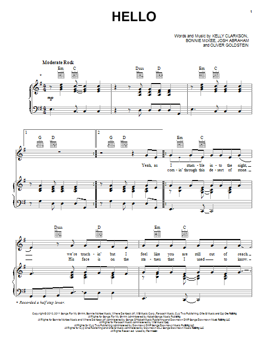 Kelly Clarkson Hello sheet music notes and chords. Download Printable PDF.