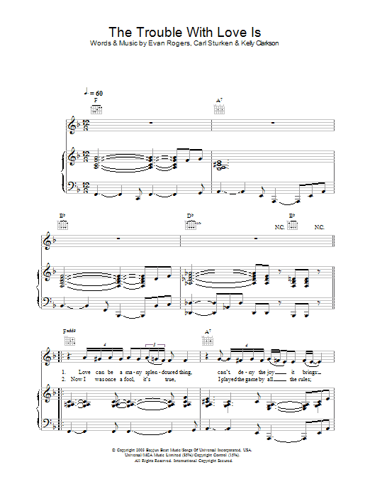Learn to play Kelly Clarkson The Trouble With Love Is sheet music for Piano, Vocal & Guitar in minutes. Price: 6.9900$ Kelly Clarkson The Trouble With Love Is sheet music notes and chords. Download Printable PDF.
