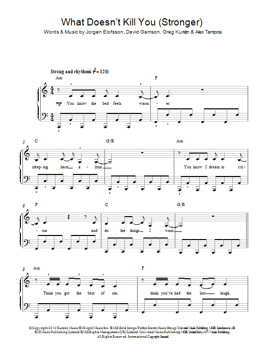 Learn to play Kelly Clarkson Stronger (What Doesn't Kill You) sheet music for Easy Piano in minutes. Price: 6.9900$ Kelly Clarkson Stronger (What Doesn't Kill You) sheet music notes and chords arranged for Easy Piano