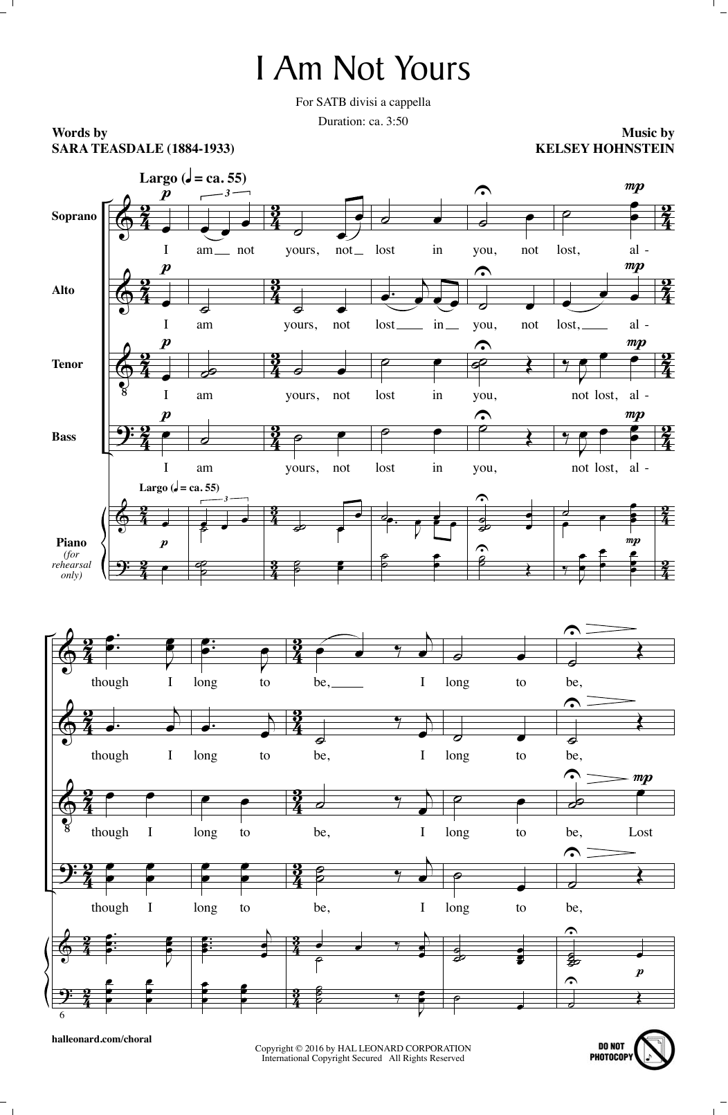 Learn to play Kelsey Hohnstein I Am Not Yours sheet music for SATB Choir in minutes. Price: 3.9900$ Kelsey Hohnstein I Am Not Yours sheet music notes and chords arranged for SATB Choir