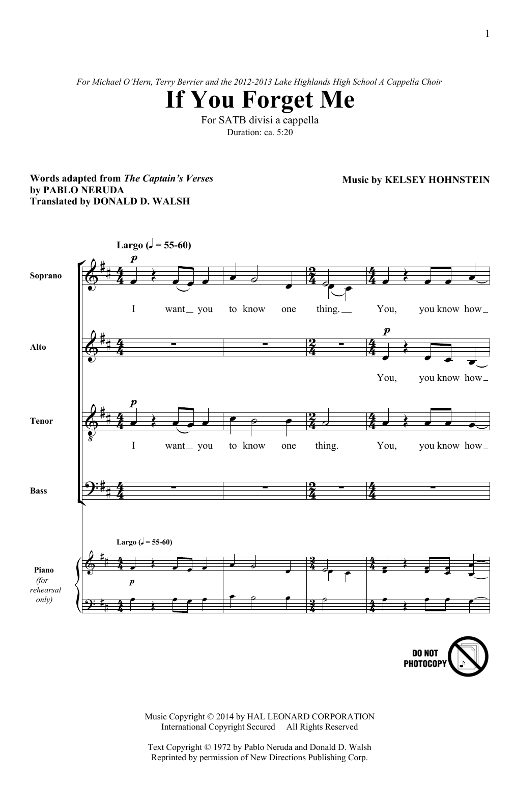 Learn to play Kelsey Hohnstein If You Forget Me sheet music for SATB Choir in minutes. Price: 3.9900$ Kelsey Hohnstein If You Forget Me sheet music notes and chords arranged for SATB Choir