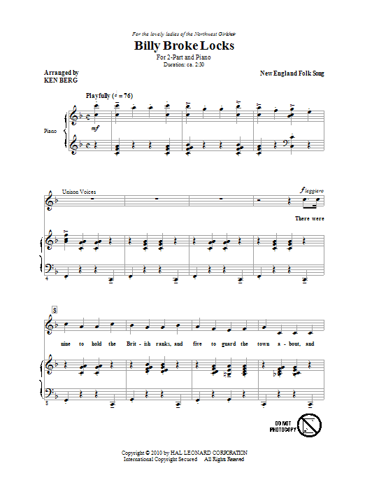 Traditional Folksong Billy Broke Locks (arr. Ken Berg) sheet music notes and chords arranged for 2-Part Choir