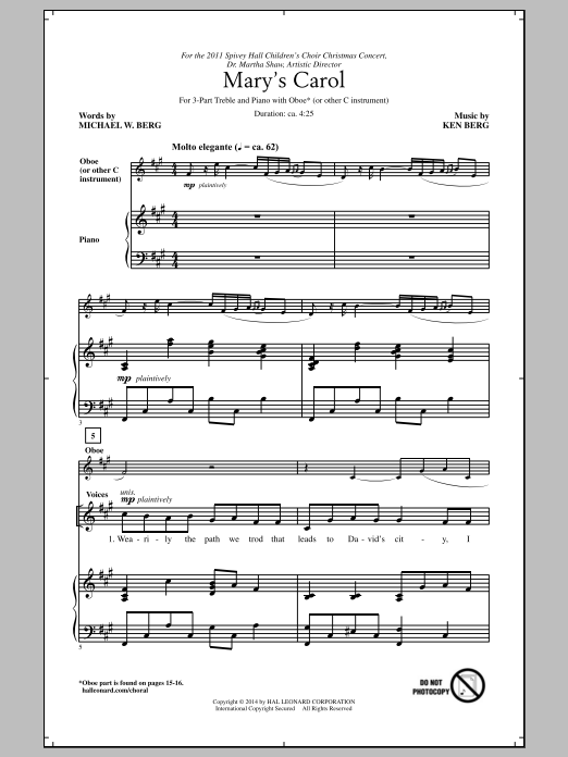 Ken Berg Mary's Carol sheet music notes and chords. Download Printable PDF.