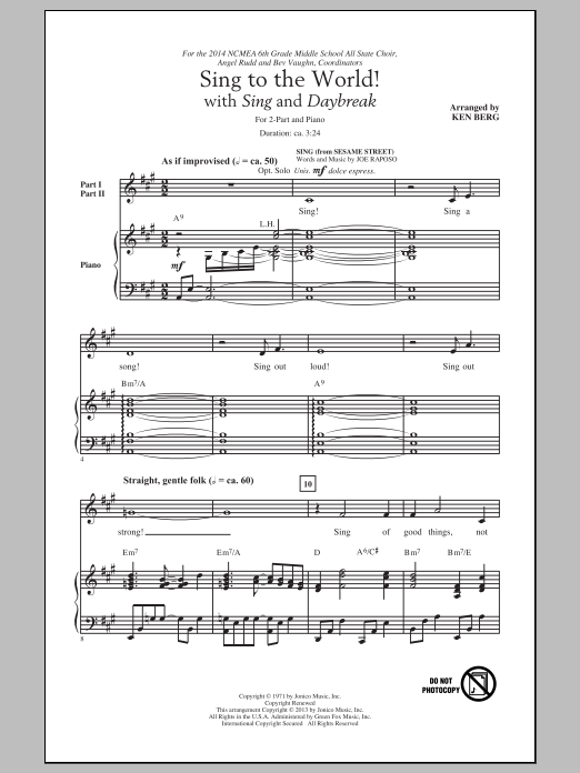 Learn to play Ken Berg Sing To The World! sheet music for 2-Part Choir in minutes. Price: 3.9900$ Ken Berg Sing To The World! sheet music notes and chords arranged for 2-Part Choir