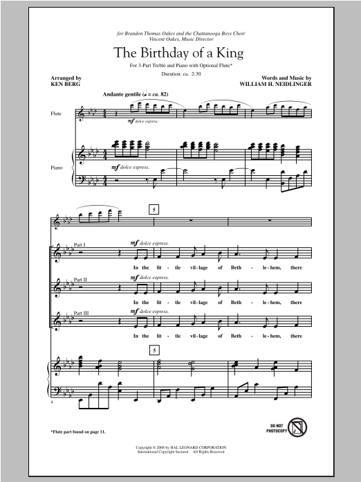 Learn to play William H. Neidlinger The Birthday Of A King (arr. Ken Berg) sheet music for 3-Part Treble Choir in minutes. Price: 3.9900$ William H. Neidlinger The Birthday Of A King (arr. Ken Berg) sheet music notes and chords arranged for 3-Part Treble Choir