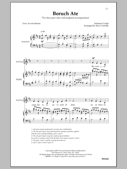 Learn to play Ken Corneille Boruch Ate sheet music for 3-Part Mixed Choir in minutes. Price: 3.9900$ Ken Corneille Boruch Ate sheet music notes and chords arranged for 3-Part Mixed Choir