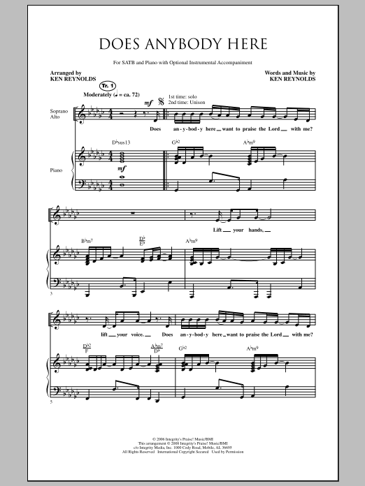 Ken Reynolds Does Anybody Here sheet music notes and chords. Download Printable PDF.