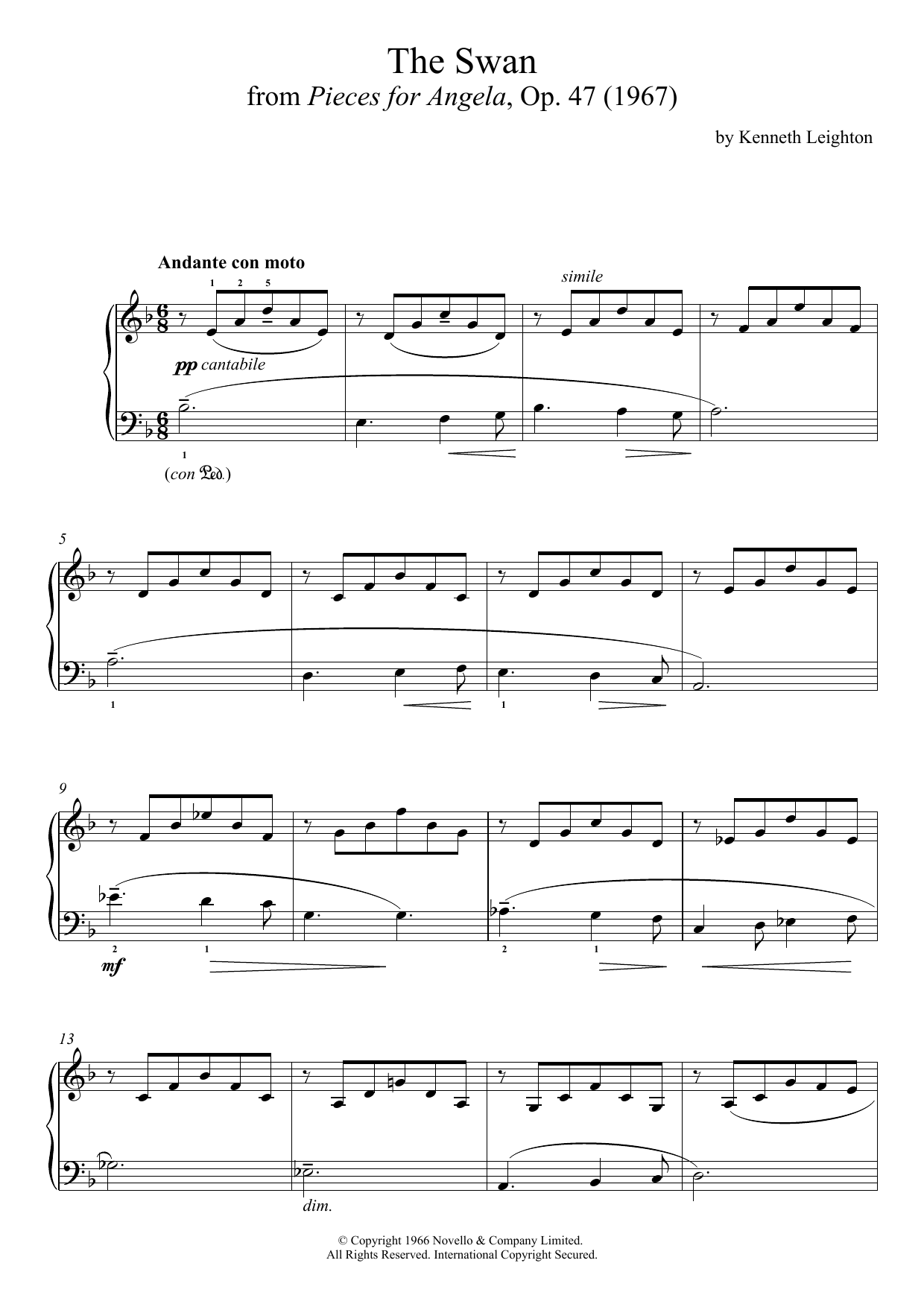 Learn to play Kenneth Leighton The Swan (From Pieces For Angela) sheet music for Piano Solo in minutes. Kenneth Leighton The Swan (From Pieces For Angela) sheet music notes and chords