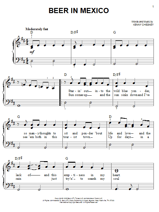 Kenny Chesney Beer In Mexico sheet music notes and chords. Download Printable PDF.