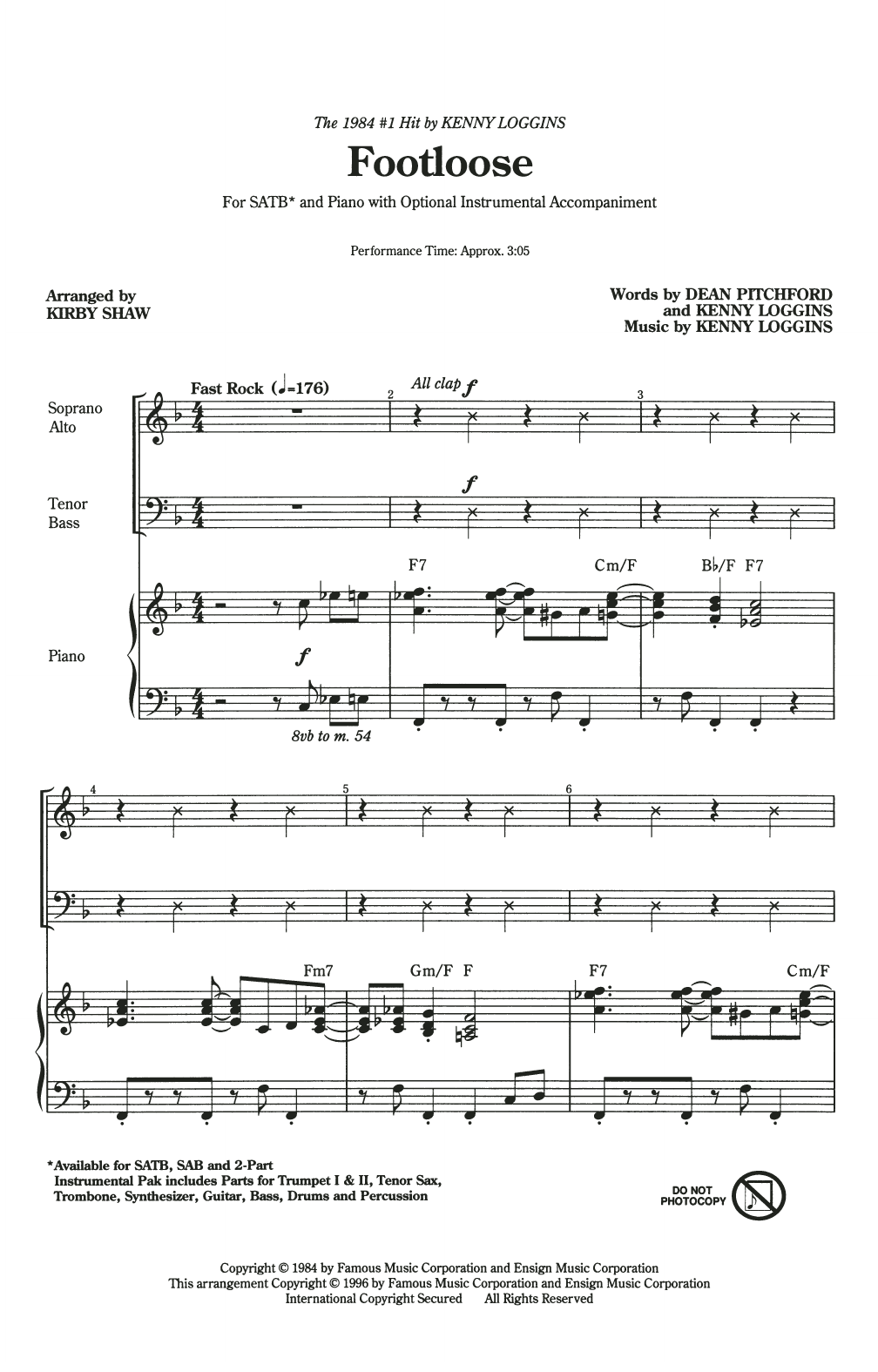 Kenny Loggins Footloose (arr. Kirby Shaw) sheet music notes and chords. Download Printable PDF.