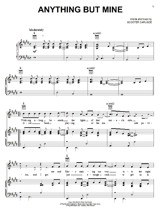 Learn to play Kenny Chesney Anything But Mine sheet music for Piano, Vocal & Guitar (Right-Hand Melody) in minutes. Kenny Chesney Anything But Mine sheet music notes and chords. Download Printable PDF.