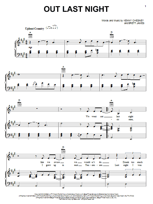 Kenny Chesney Out Last Night sheet music notes and chords. Download Printable PDF.