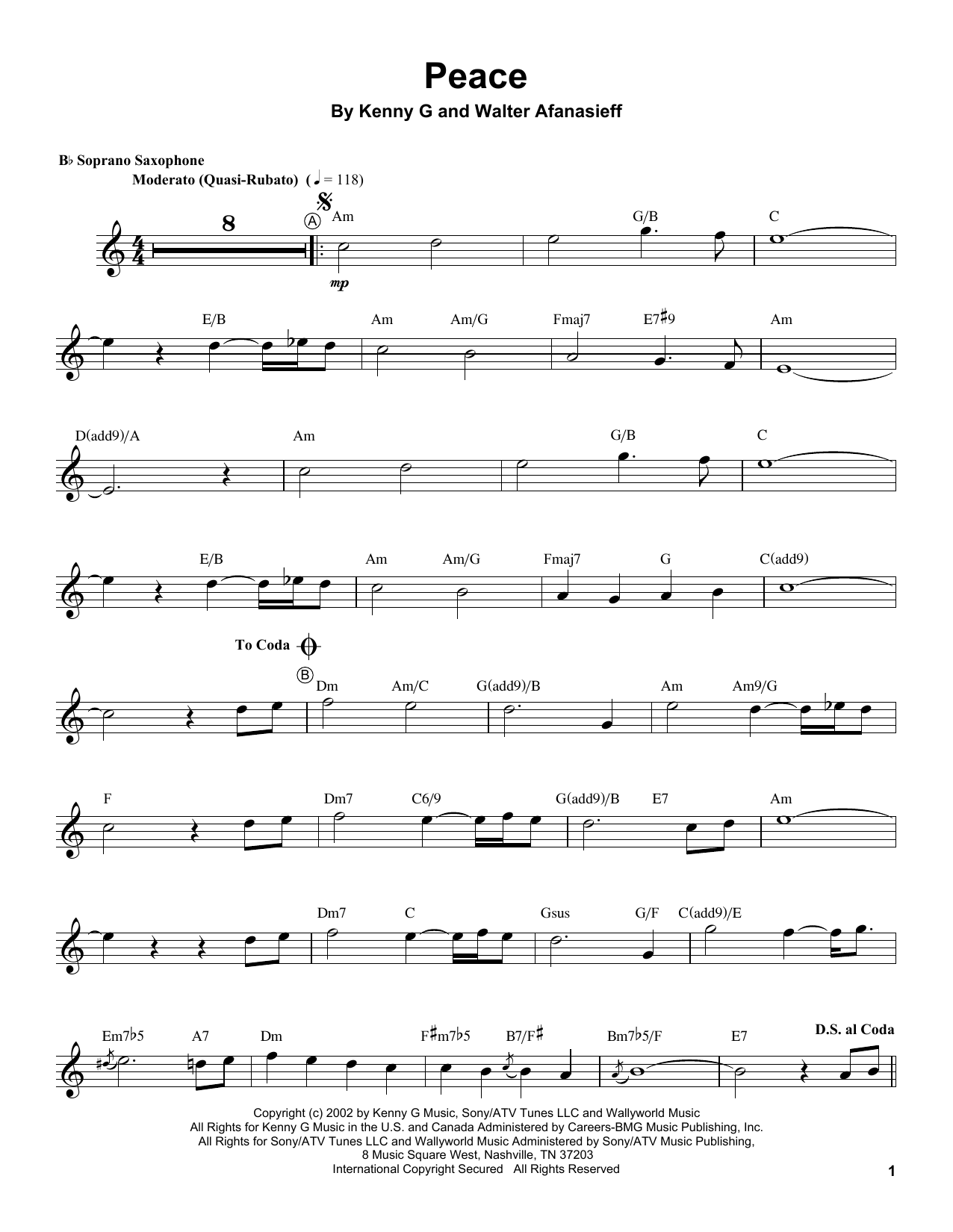 Kenny G Peace sheet music notes and chords. Download Printable PDF.