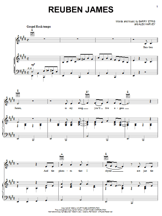 Kenny Rogers Reuben James sheet music notes and chords. Download Printable PDF.