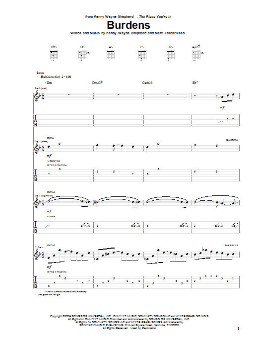 Kenny Wayne Shepherd Burdens sheet music notes and chords. Download Printable PDF.