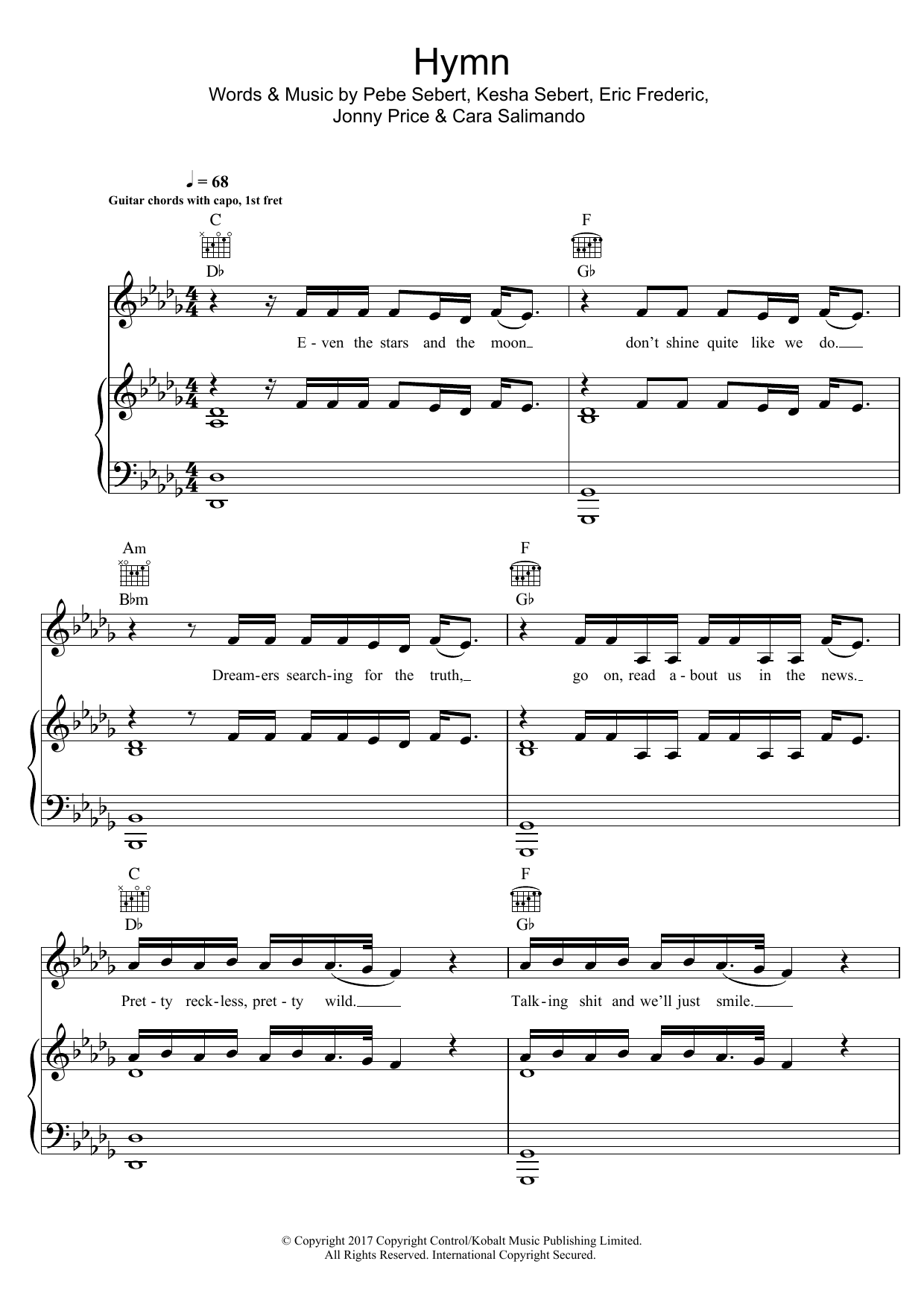 Kesha Hymn sheet music notes and chords. Download Printable PDF.