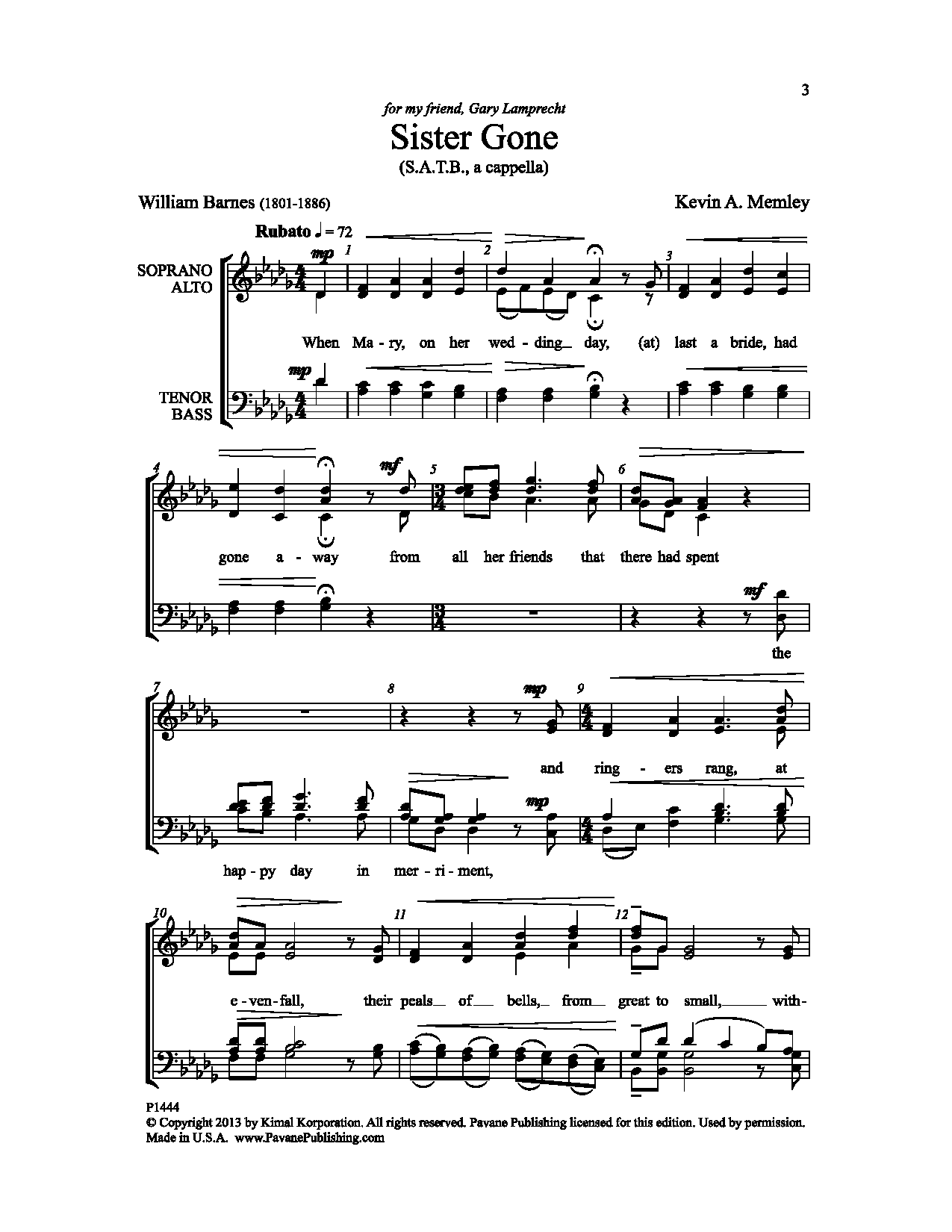 Kevin A. Memley Sister Gone sheet music notes and chords. Download Printable PDF.