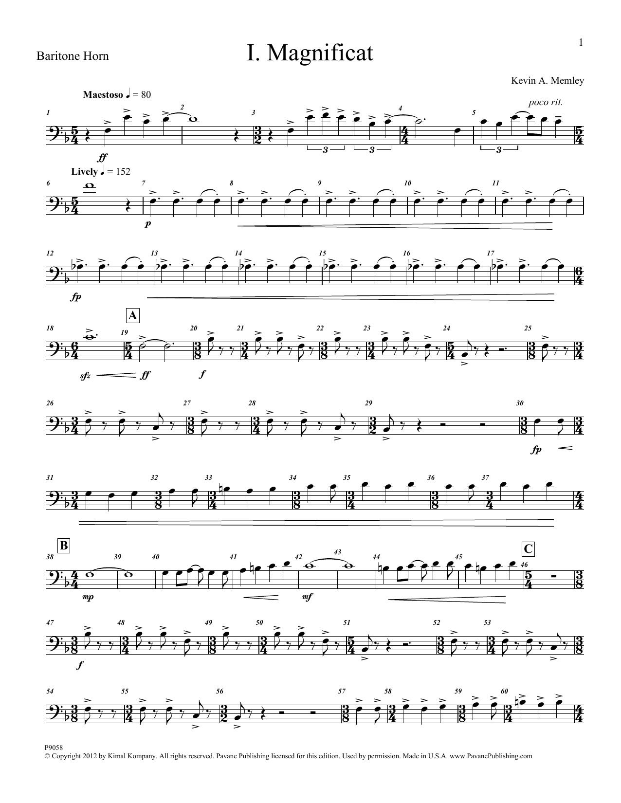 Learn to play Kevin Memley Magnificat (Brass and Percussion) (Parts) - Baritone Horn sheet music for Choir Instrumental Pak in minutes. Price: 6.9900$ Kevin Memley Magnificat (Brass and Percussion) (Parts) - Baritone Horn sheet music notes and chords arranged for Choir Instrumental Pak