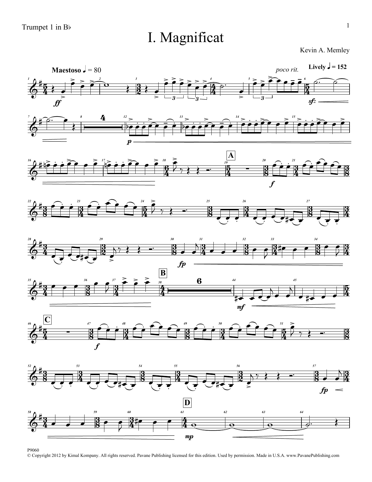 Learn to play Kevin Memley Magnificat (Brass Quintet) (Parts) - Trumpet 1 in Bb sheet music for Choir Instrumental Pak in minutes. Price: 6.9900$ Kevin Memley Magnificat (Brass Quintet) (Parts) - Trumpet 1 in Bb sheet music notes and chords arranged for Choir Instrumental Pak