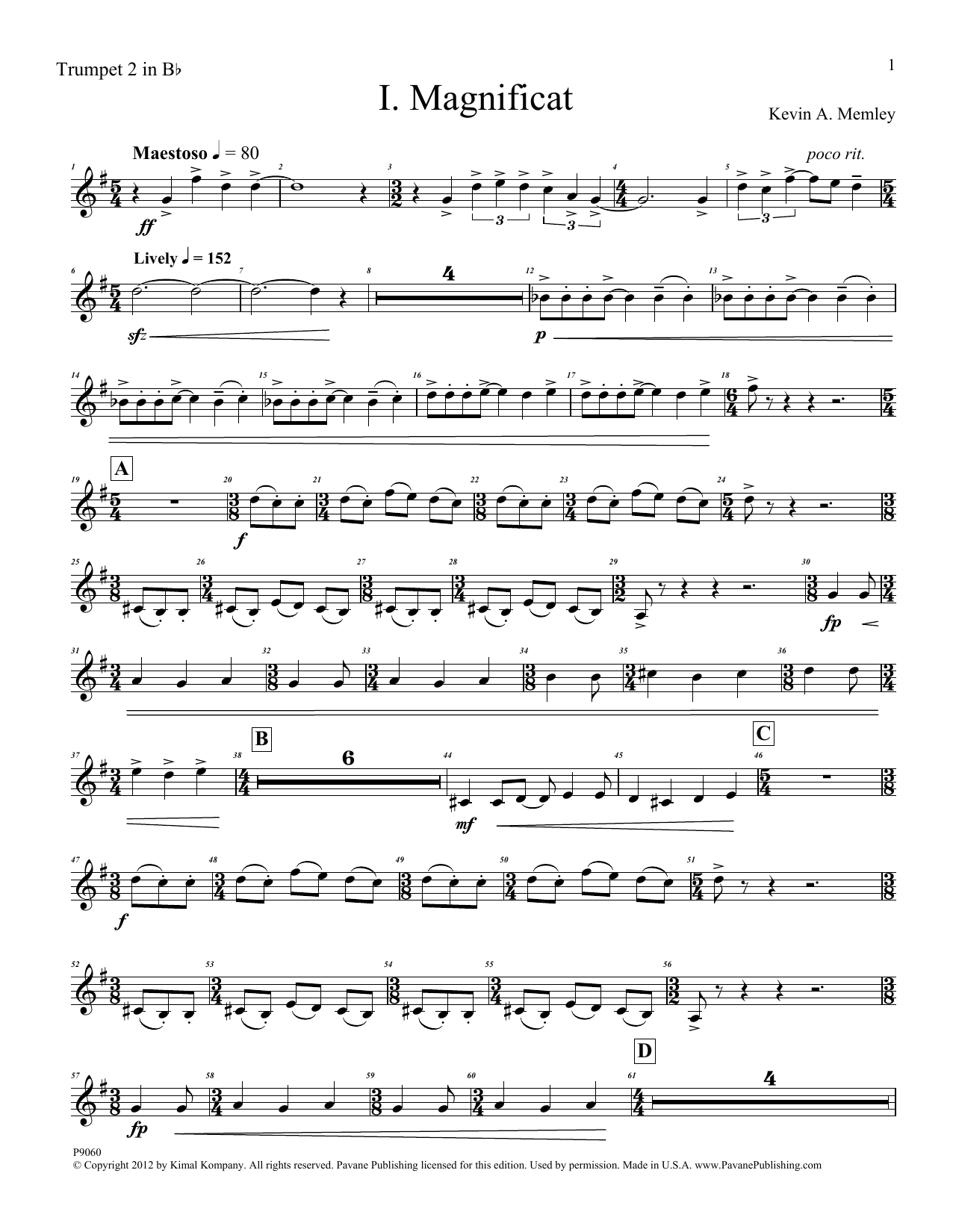 Learn to play Kevin Memley Magnificat (Brass Quintet) (Parts) - Trumpet 2 in Bb sheet music for Choir Instrumental Pak in minutes. Price: 6.9900$ Kevin Memley Magnificat (Brass Quintet) (Parts) - Trumpet 2 in Bb sheet music notes and chords arranged for Choir Instrumental Pak