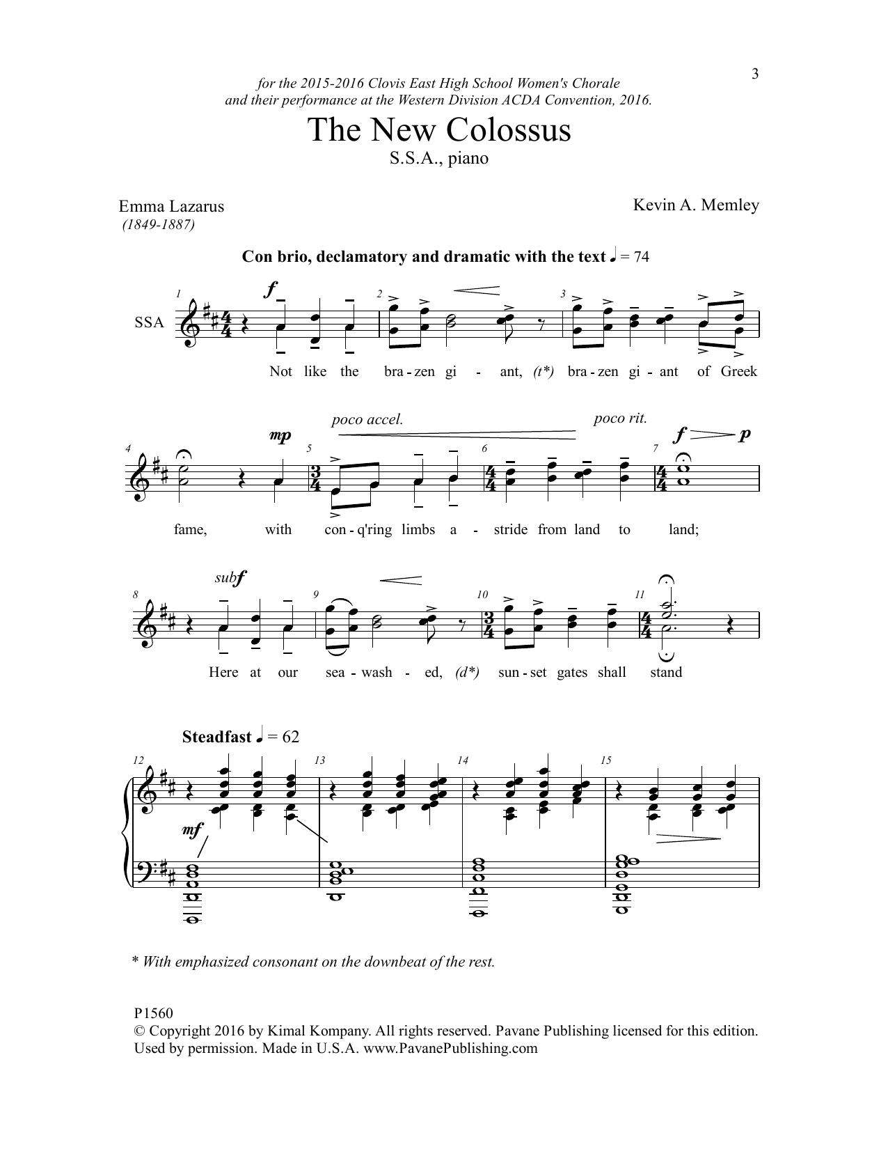 Kevin Memley The New Colossus sheet music notes and chords. Download Printable PDF.