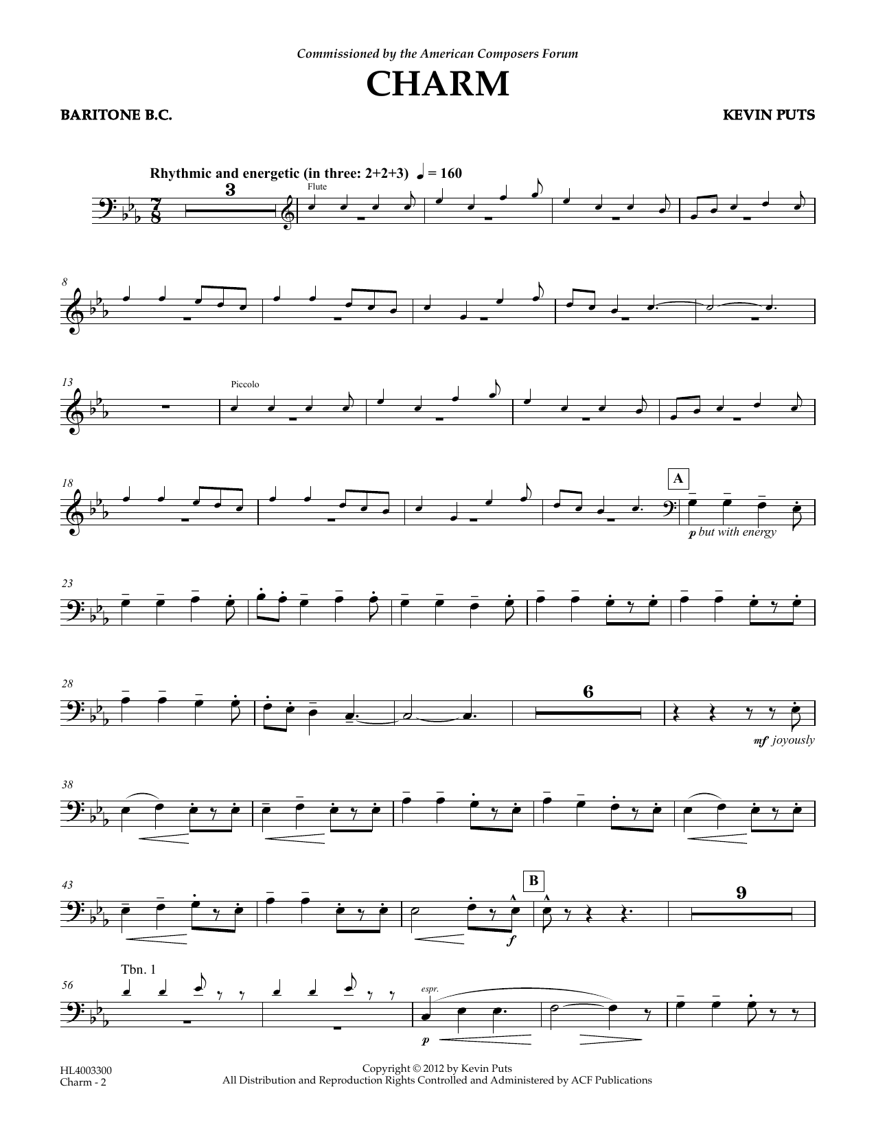 Learn to play Kevin Puts Charm - Baritone B.C. sheet music for Concert Band in minutes. Price: 5.9900$ Kevin Puts Charm - Baritone B.C. sheet music notes and chords arranged for Concert Band