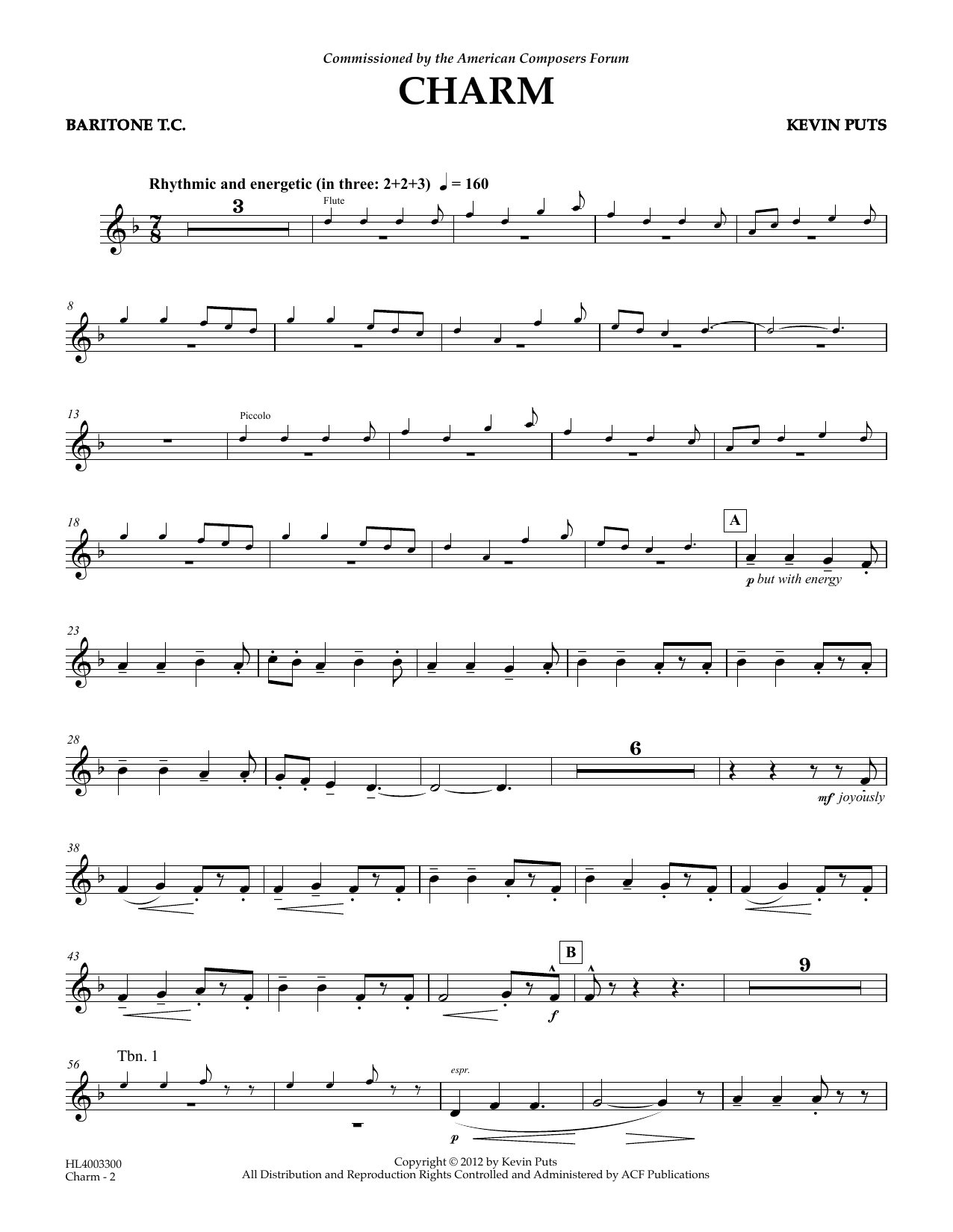 Learn to play Kevin Puts Charm - Baritone T.C. sheet music for Concert Band in minutes. Price: 5.9900$ Kevin Puts Charm - Baritone T.C. sheet music notes and chords arranged for Concert Band