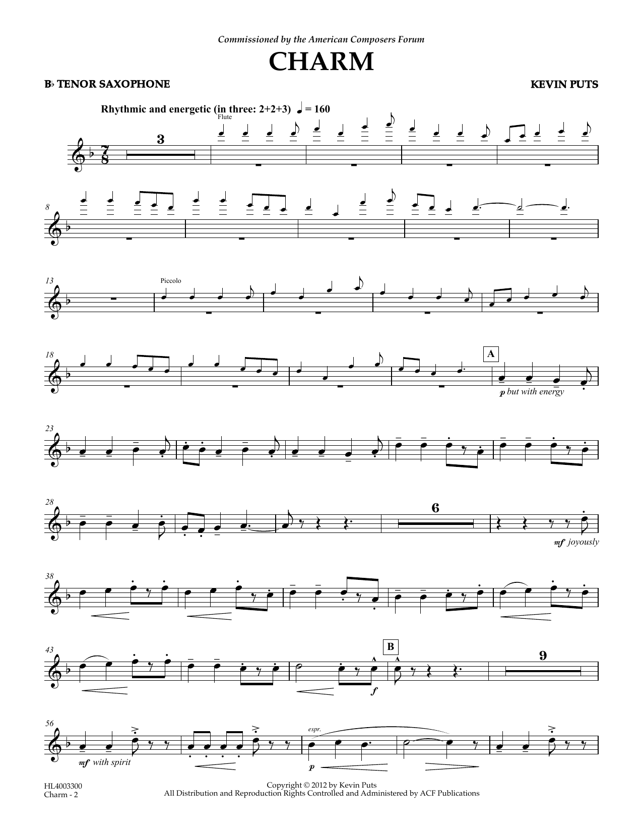 Learn to play Kevin Puts Charm - Bb Tenor Saxophone sheet music for Concert Band in minutes. Price: 5.9900$ Kevin Puts Charm - Bb Tenor Saxophone sheet music notes and chords arranged for Concert Band
