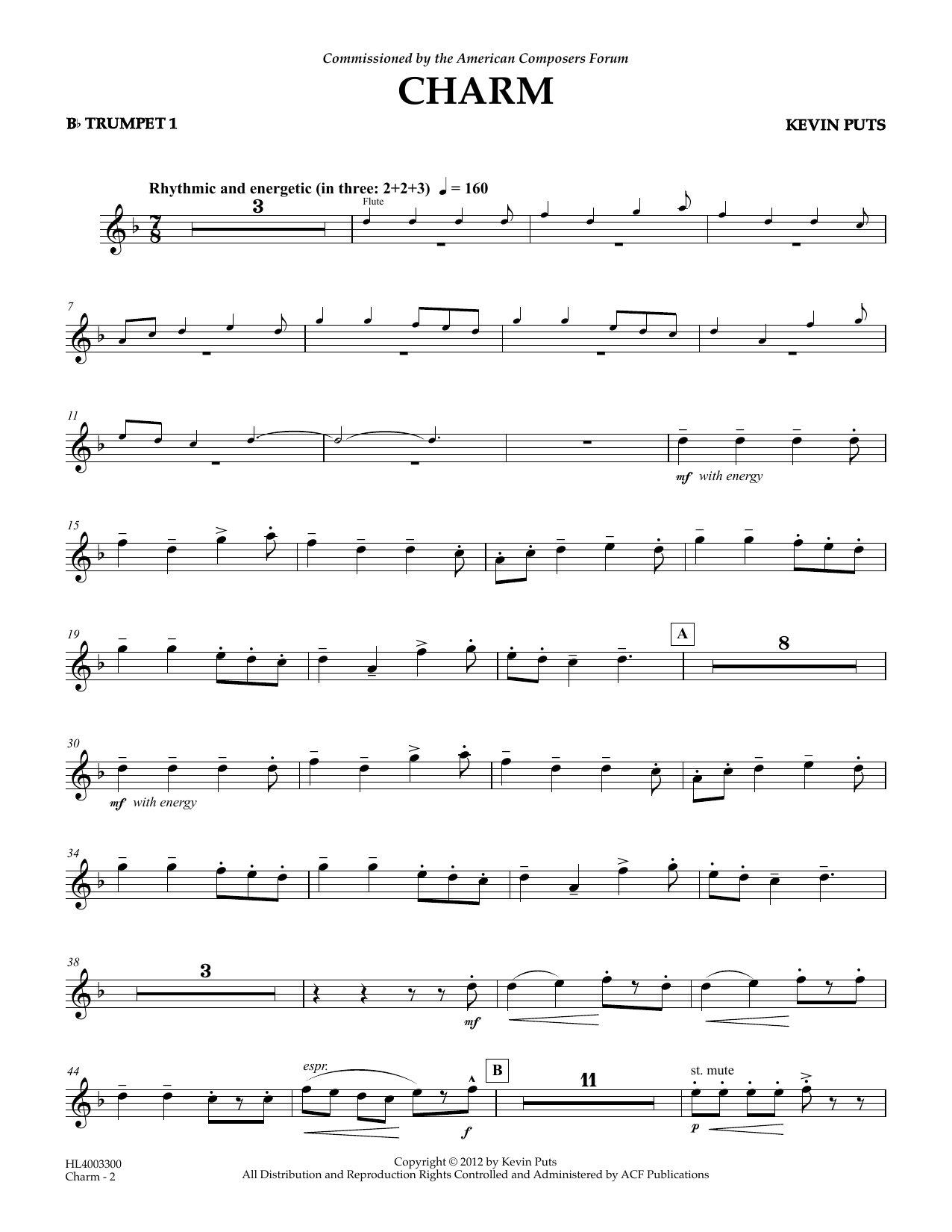 Learn to play Kevin Puts Charm - Bb Trumpet 1 sheet music for Concert Band in minutes. Price: 5.9900$ Kevin Puts Charm - Bb Trumpet 1 sheet music notes and chords arranged for Concert Band