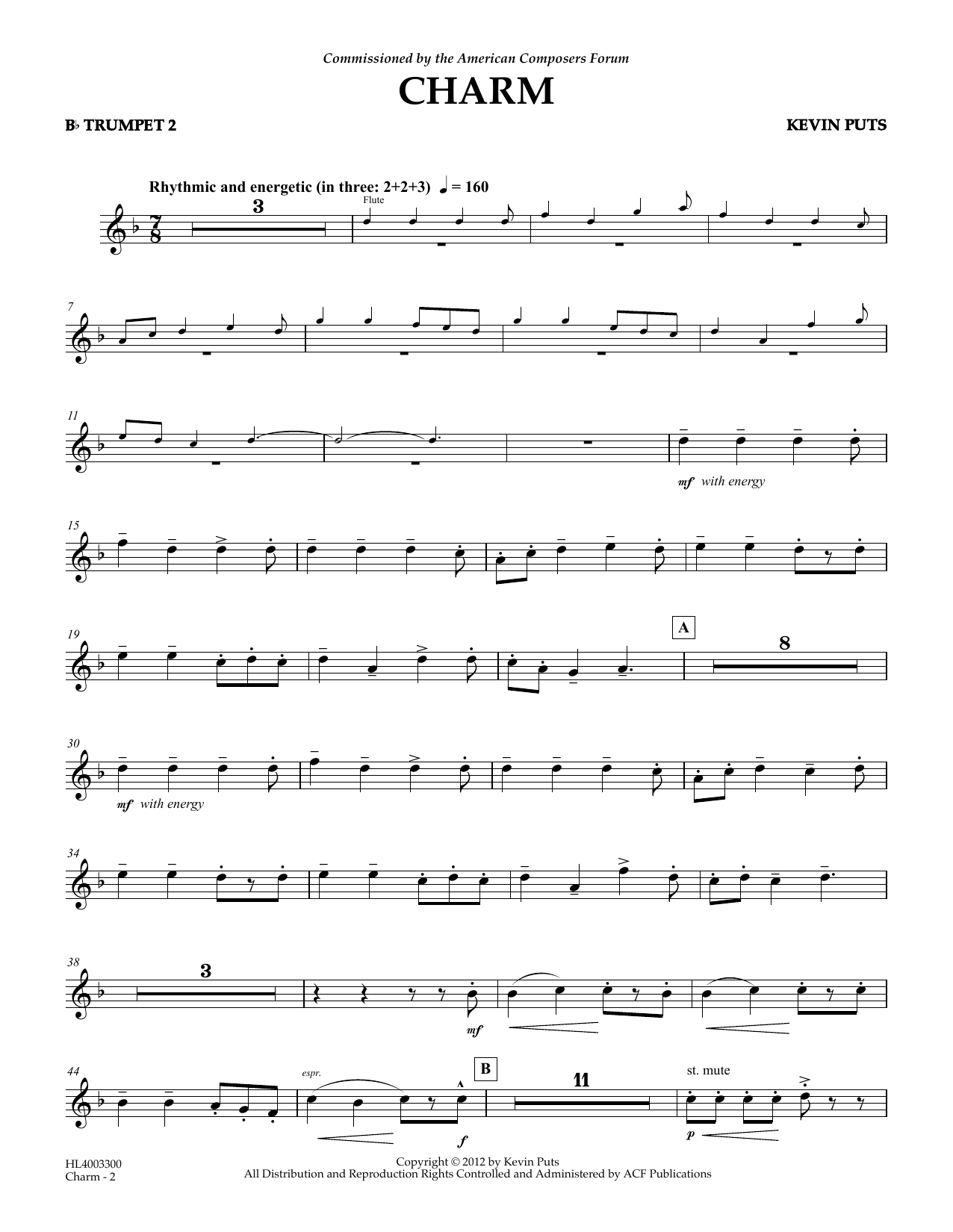 Learn to play Kevin Puts Charm - Bb Trumpet 2 sheet music for Concert Band in minutes. Price: 5.9900$ Kevin Puts Charm - Bb Trumpet 2 sheet music notes and chords arranged for Concert Band