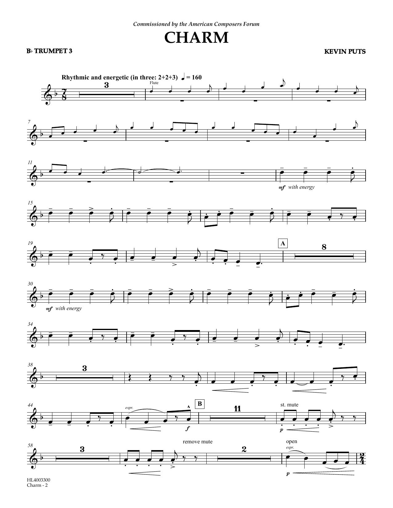 Learn to play Kevin Puts Charm - Bb Trumpet 3 sheet music for Concert Band in minutes. Price: 5.9900$ Kevin Puts Charm - Bb Trumpet 3 sheet music notes and chords arranged for Concert Band