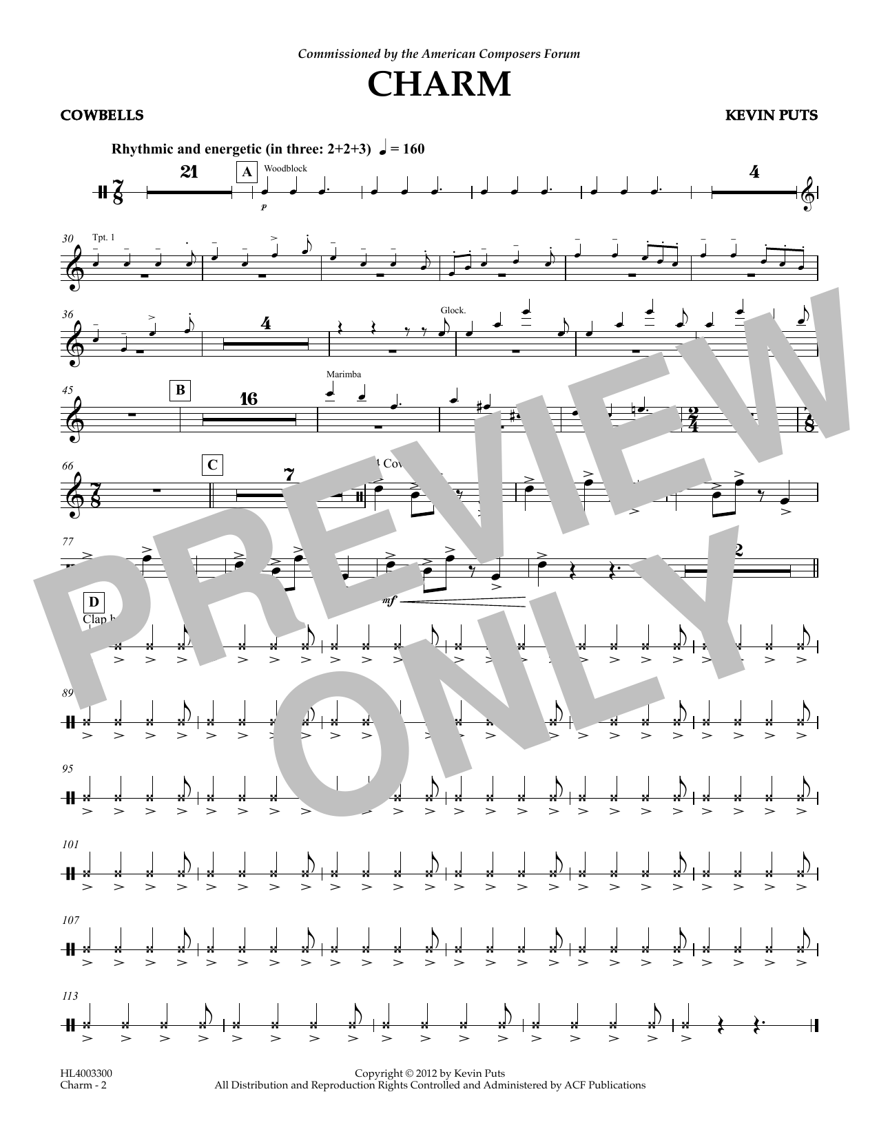 Kevin Puts Charm - Cowbell sheet music notes and chords. Download Printable PDF.