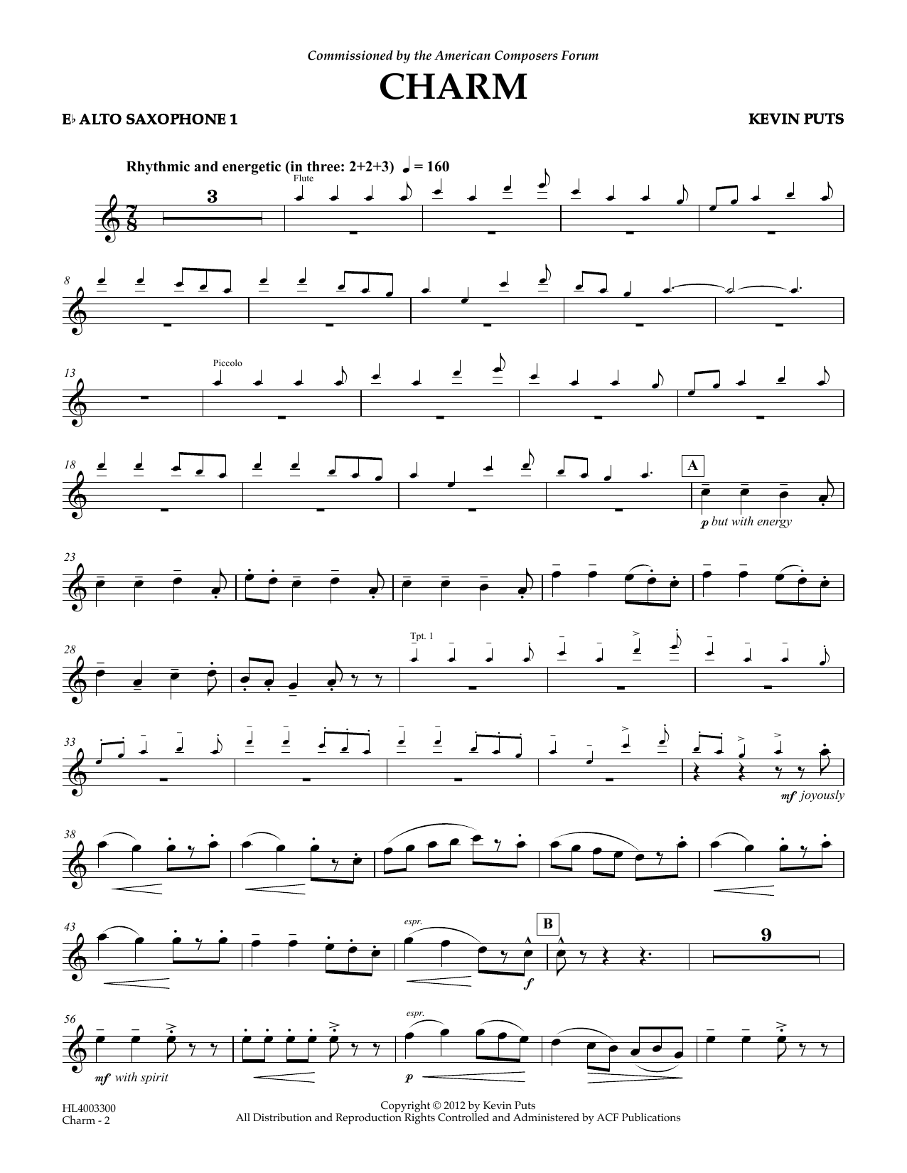 Learn to play Kevin Puts Charm - Eb Alto Saxophone 1 sheet music for Concert Band in minutes. Price: 5.9900$ Kevin Puts Charm - Eb Alto Saxophone 1 sheet music notes and chords arranged for Concert Band