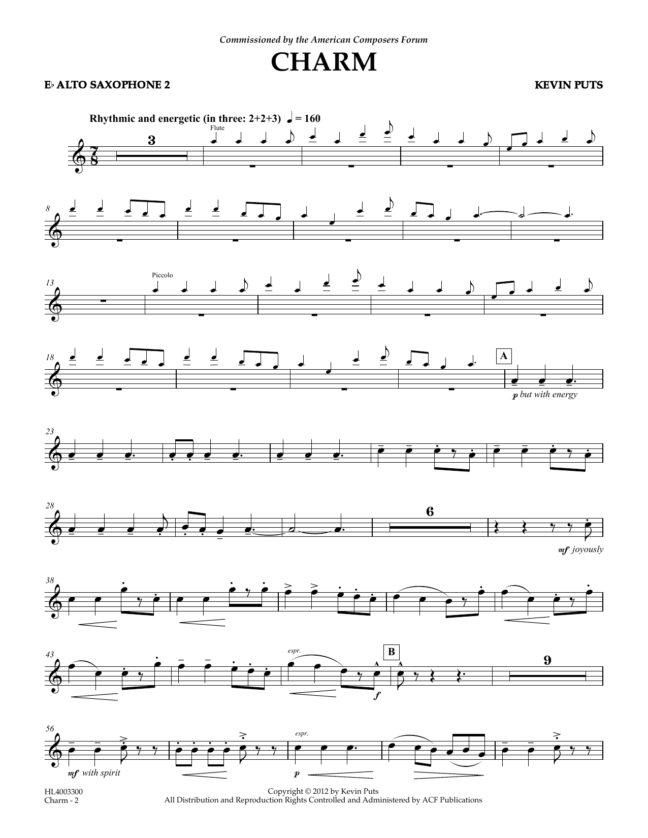Learn to play Kevin Puts Charm - Eb Alto Saxophone 2 sheet music for Concert Band in minutes. Price: 5.9900$ Kevin Puts Charm - Eb Alto Saxophone 2 sheet music notes and chords arranged for Concert Band