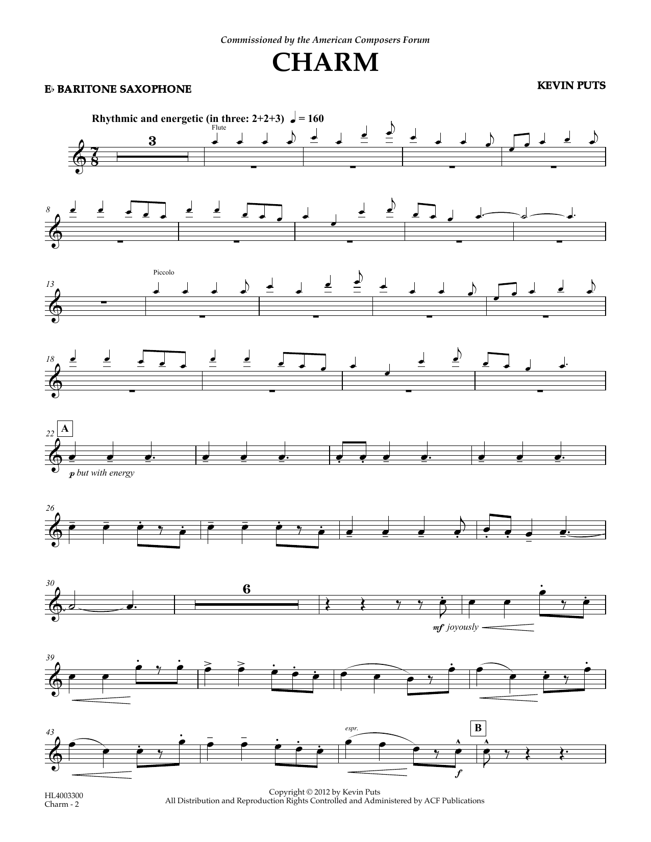 Learn to play Kevin Puts Charm - Eb Baritone Saxophone sheet music for Concert Band in minutes. Price: 5.9900$ Kevin Puts Charm - Eb Baritone Saxophone sheet music notes and chords arranged for Concert Band