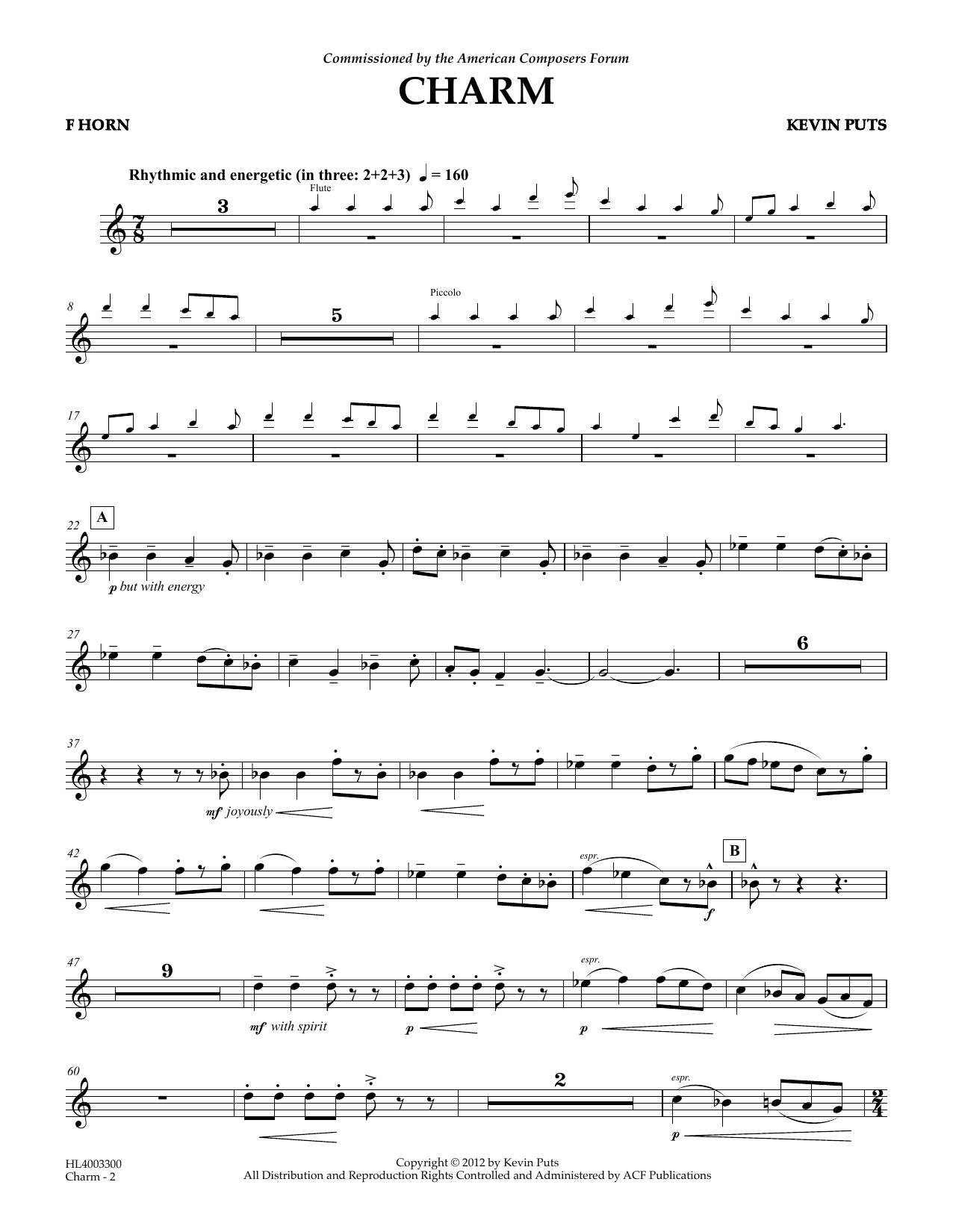 Learn to play Kevin Puts Charm - FRENCH HORN sheet music for Concert Band in minutes. Price: 5.9900$ Kevin Puts Charm - FRENCH HORN sheet music notes and chords arranged for Concert Band