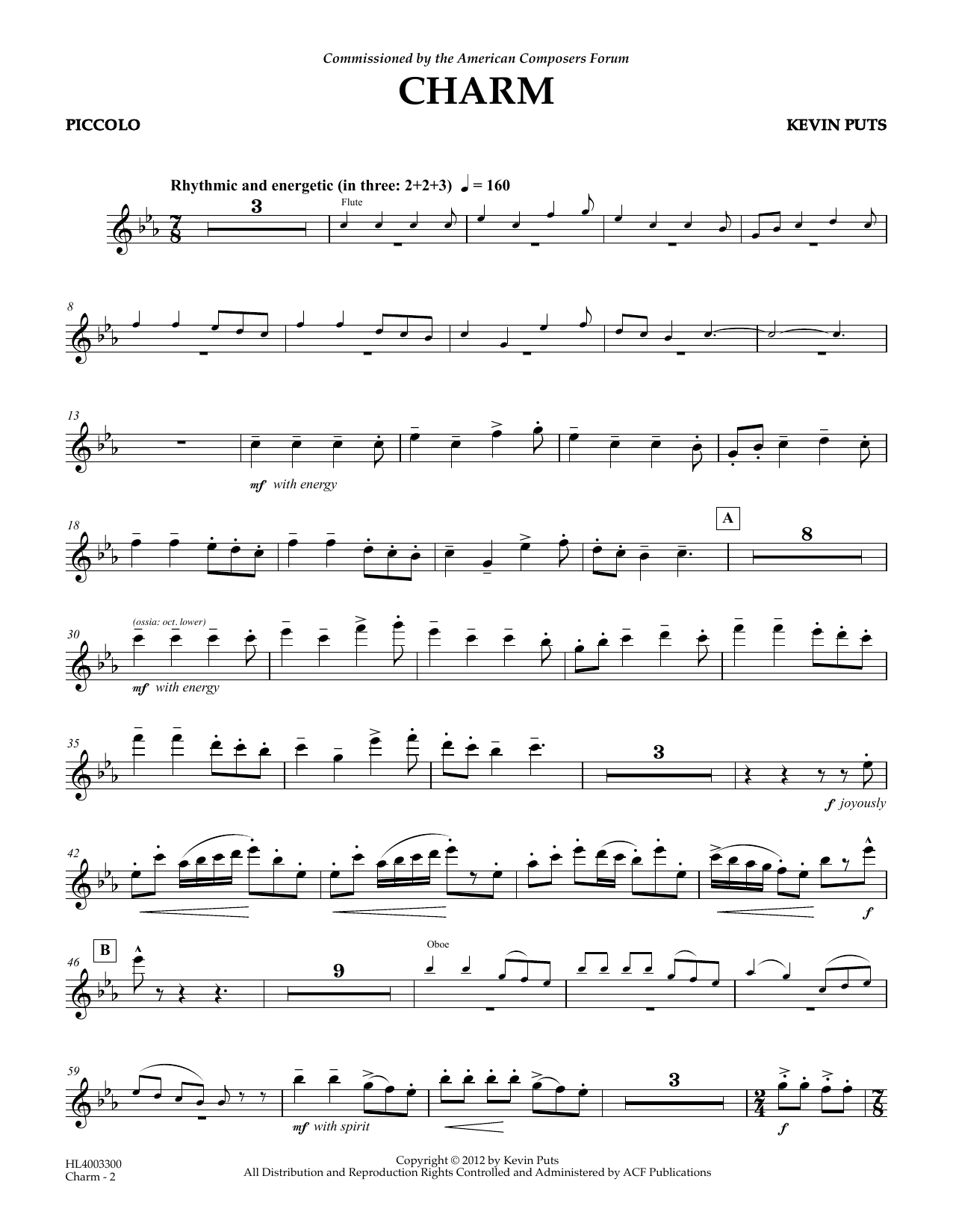 Kevin Puts Charm - Piccolo sheet music notes and chords. Download Printable PDF.