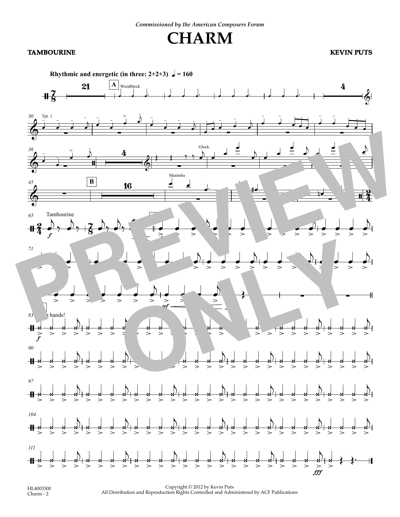 Kevin Puts Charm - Tambourine sheet music notes and chords. Download Printable PDF.