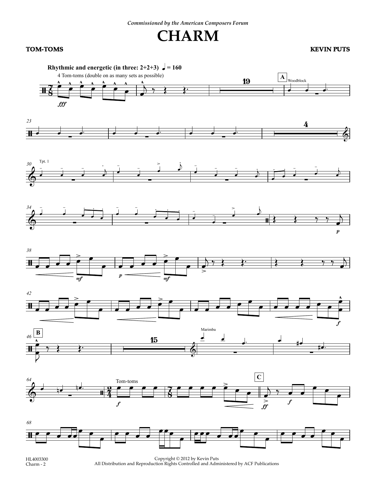 Kevin Puts Charm - Tom-Toms sheet music notes and chords. Download Printable PDF.